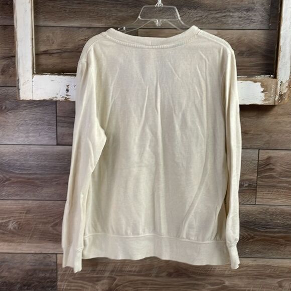 GREEN TEA Beige Handwarmer Pocket Sweatshirt Vneck Drawstring Neckline Sz Large - Picture 4 of 8
